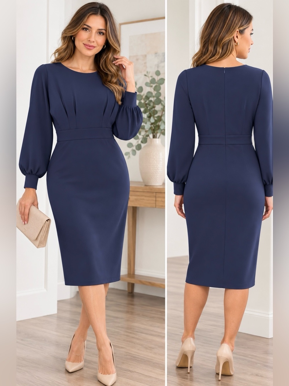 Jasambac Blue Long Sleeve Sheath Midi Dress Size M